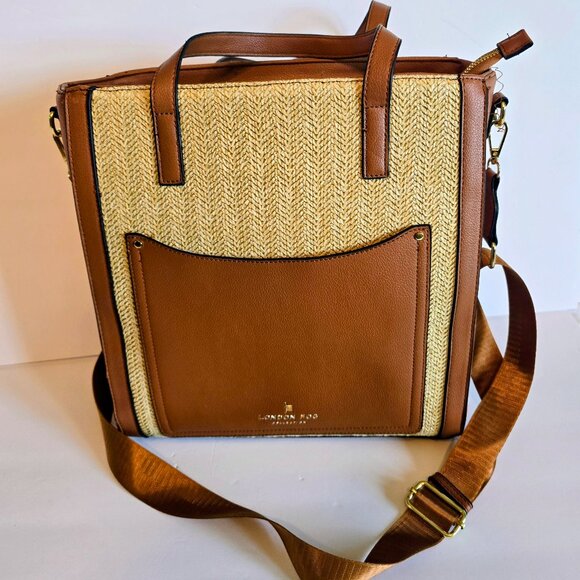 London Fog Handbags - London Fog Large Woven Tote Crossbody Bag w/Pockets Brown/Tan Excellent Cond